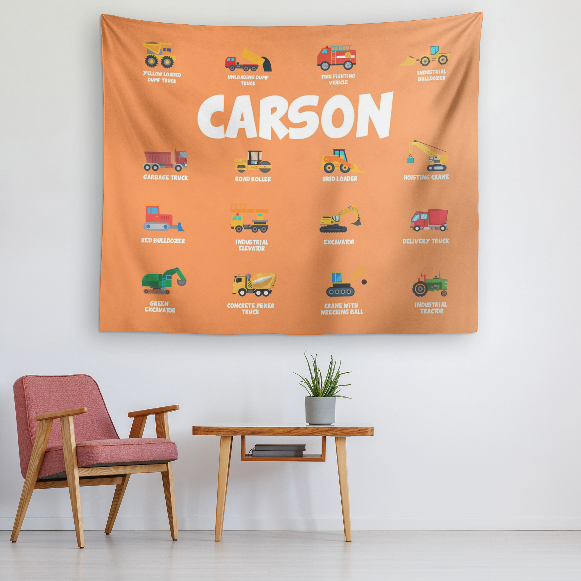 Personalized Name Construction Machines Wall Tapestry for Kids Room - Carson