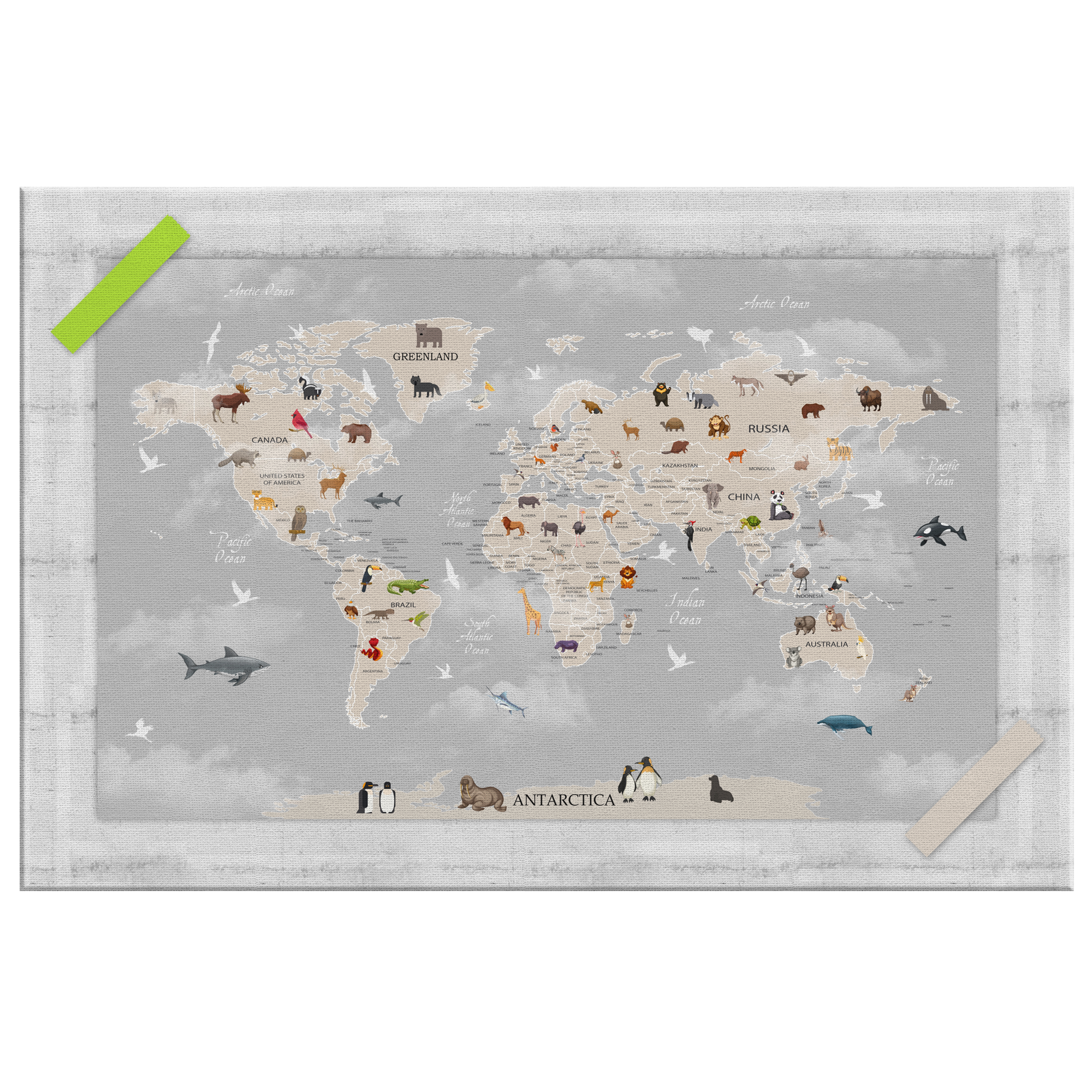 Personalized Map of World for Kids with Animals, Canvas Wall Art for Children's Room, Learning, Educational Map for Boys & Girls