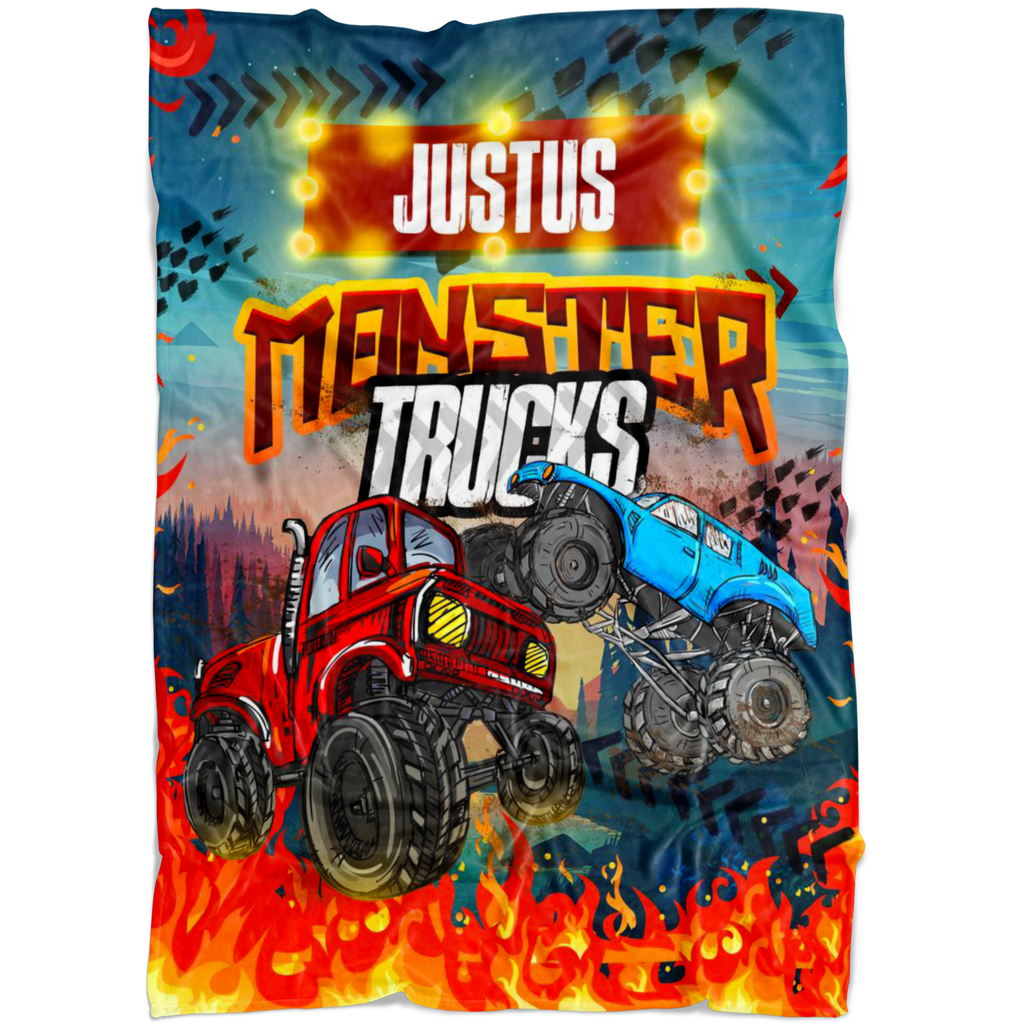 Personalized Name Monster Truck Blanket for Boys & Girls, Childrens Blanket - Justus
