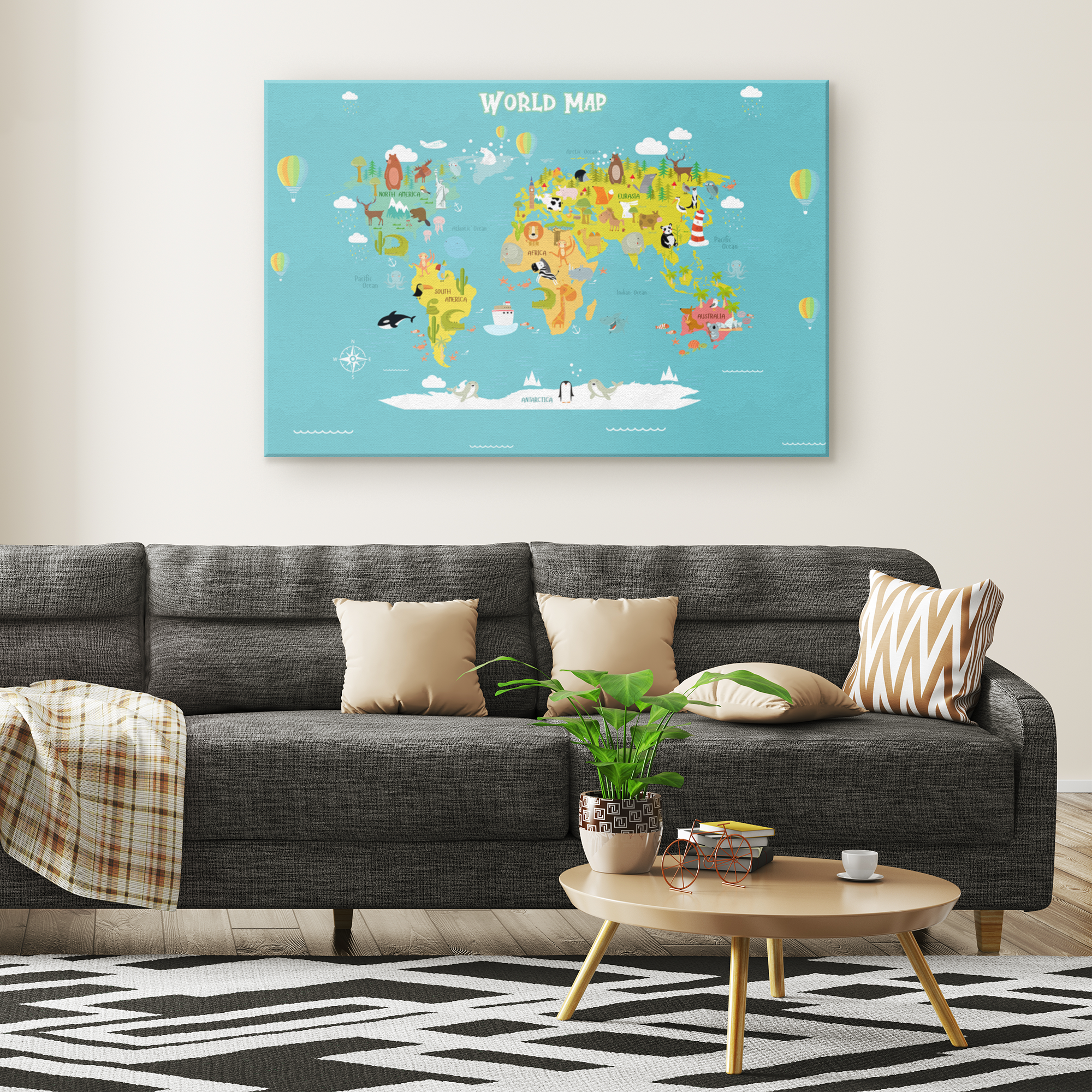 Blue Map of World for Kids with Animals, Canvas Wall Art for Children's Room, Learning, Educational Map for Boys & Girls