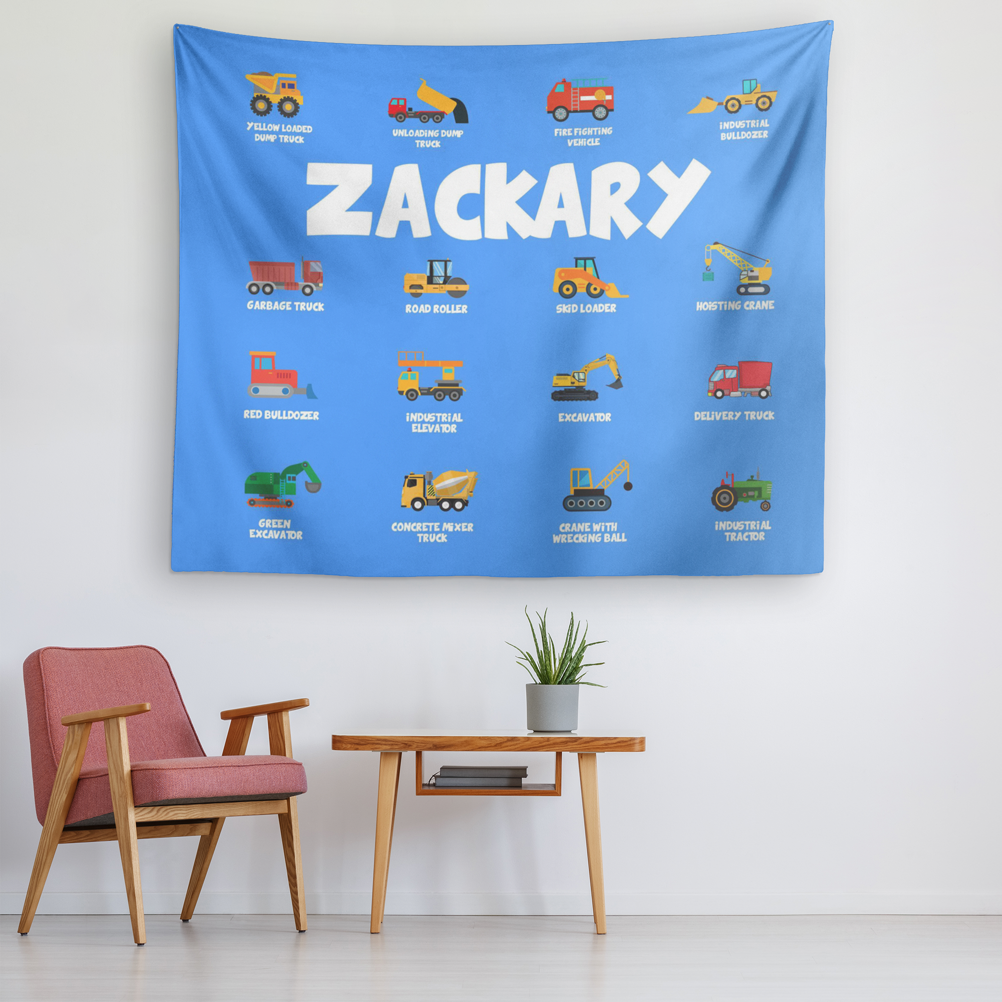 Personalized Name Construction Machines Wall Tapestry for Kids Room - Zackary