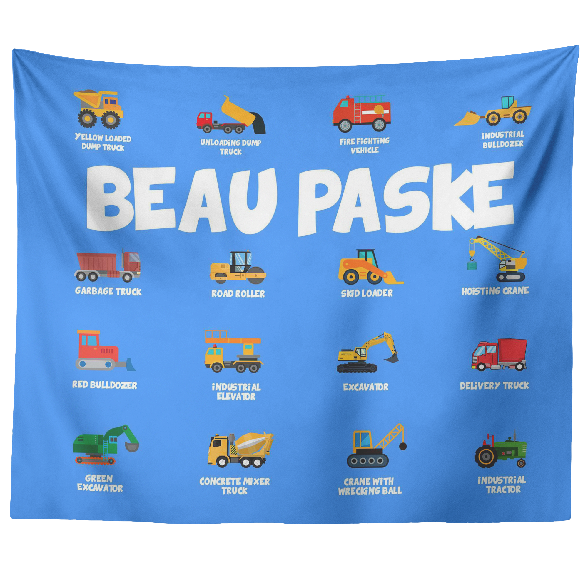 Personalized Name Construction Machines Wall Tapestry for Kids Room - Beau Paske