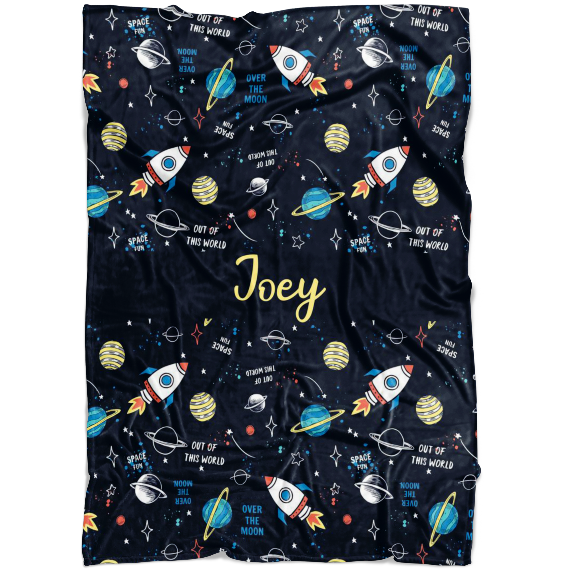 Personalized Name Space Blanket with Rockets & Planets for Boys & Girls - Joey