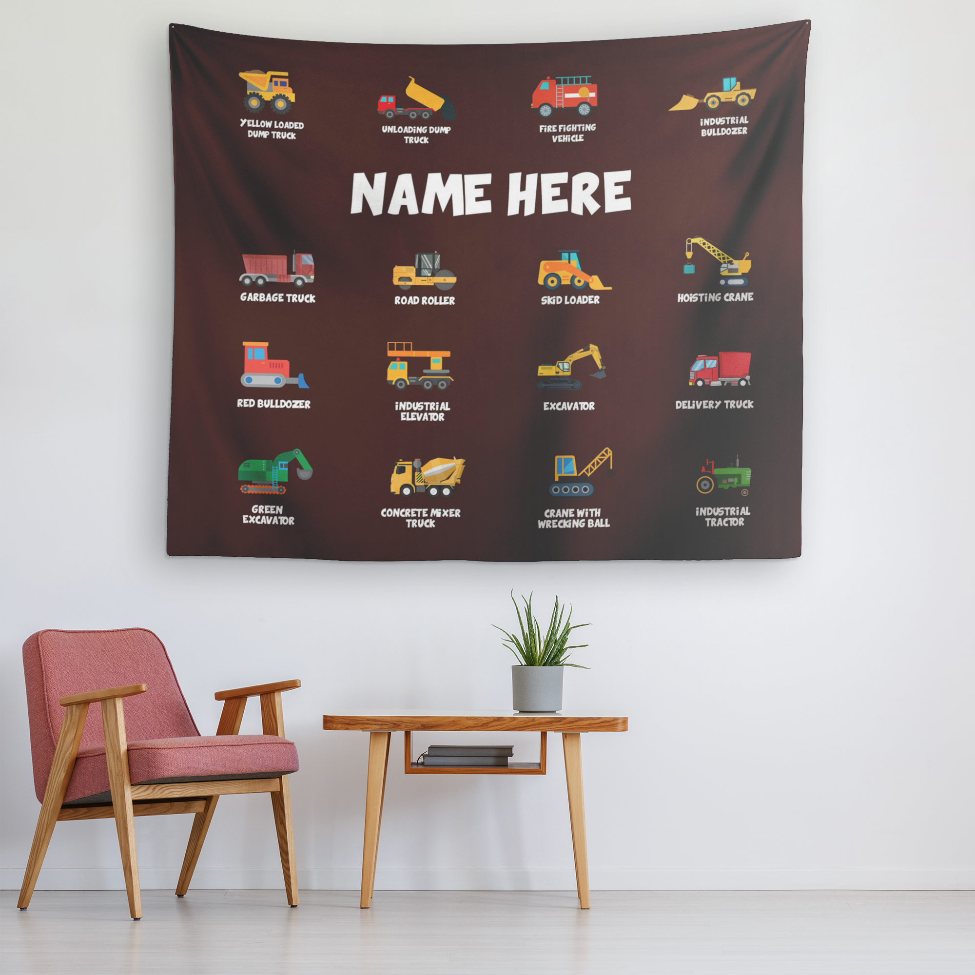 Personalized Name Construction Machines Wall Tapestry for Kids Room