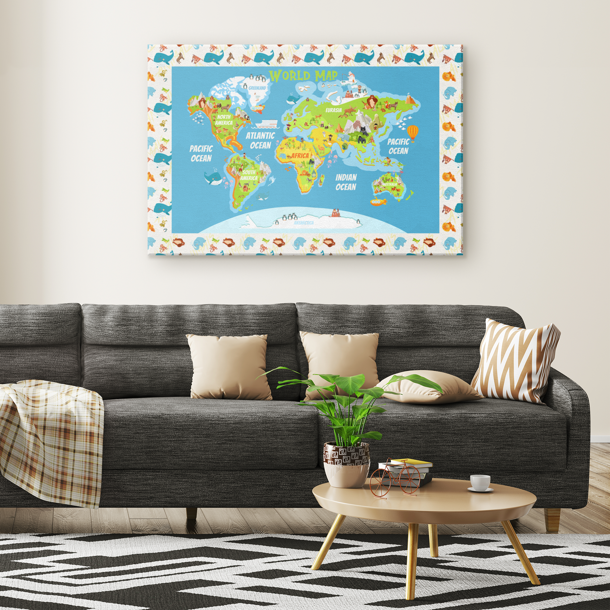 Personalized Colourful Map of World for Kids with Animals, Canvas Wall Art for Children's Room, Learning, Educational Map for Boys & Girls