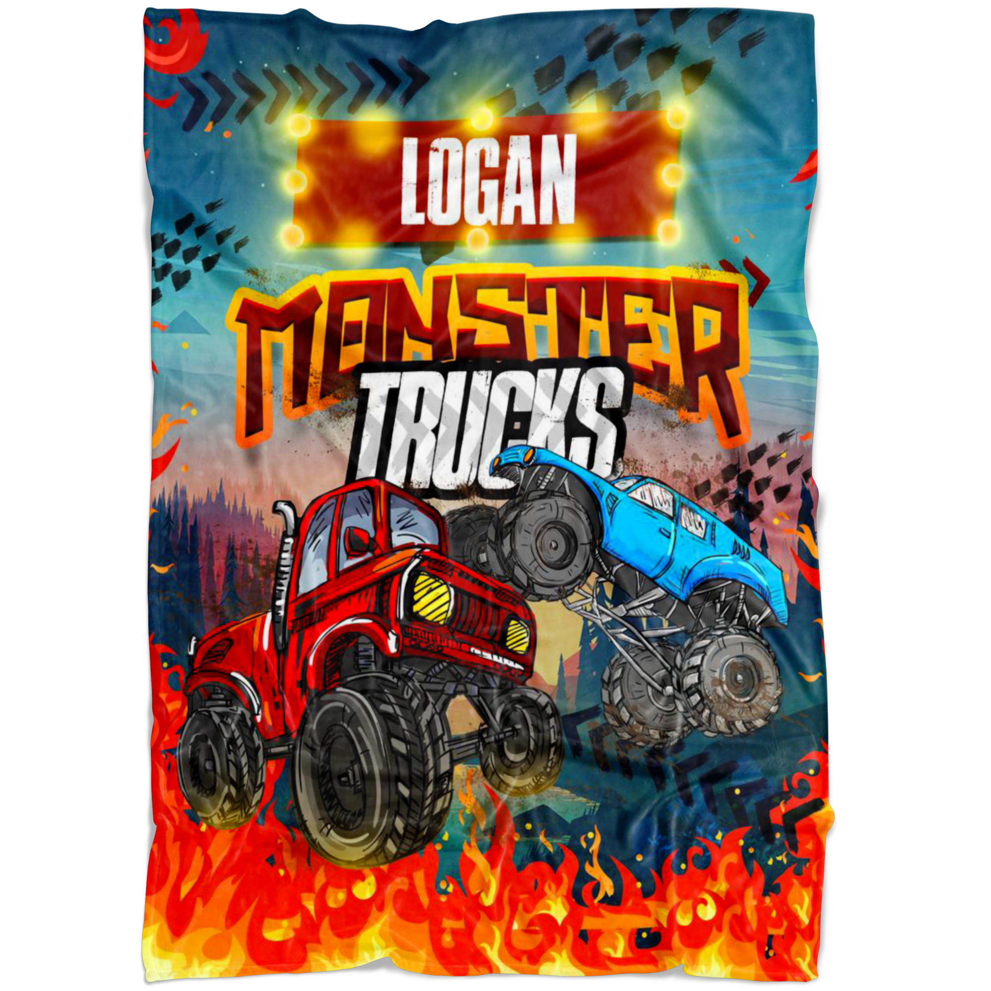 Personalized Name Monster Truck Blanket for Boys & Girls, Childrens Blanket - Logan